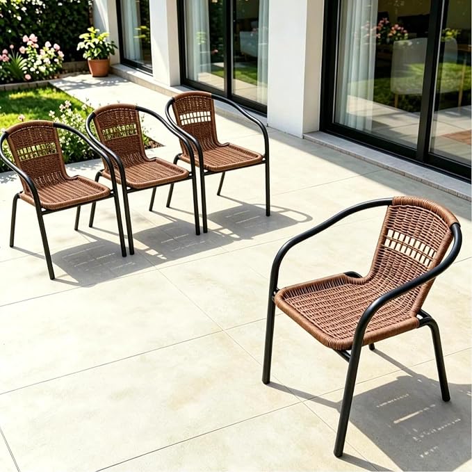 Outdoor Patio Furniture Set 5 Piece with 4 Brwon Stackable Rattan Chairs and Black Outdoor Metal Dining Table with Umbrella Hole