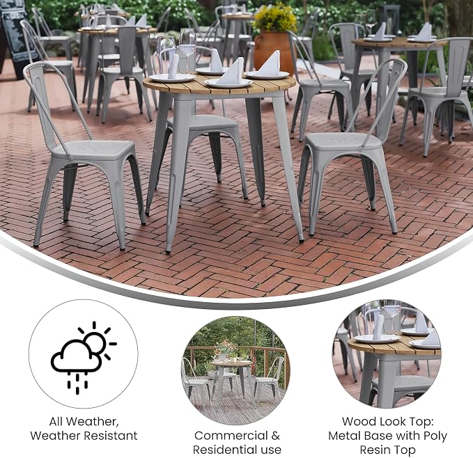 Flash Furniture Declan Commercial Outdoor Dining Table, All Weather Poly Resin Top with Steel Base, 30" Round, Brown/Silver