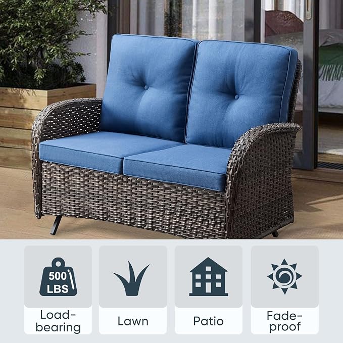 Belord Outdoor Glider Bench Patio Loveseat - 500 Lbs Weight Capacity 2 Seater Wicker Sofa, Small Porch Glider Furniture All Weather Rattan Couch with Removble Cushion for Balcony Deck Backyard, Brown