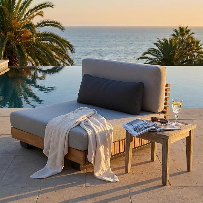 OTSUN Outdoor Sofa, Teak Wood Armless Slatted Base & Aluminum Frame Single Seat Weather Resistant for Patio Backyard Poolside