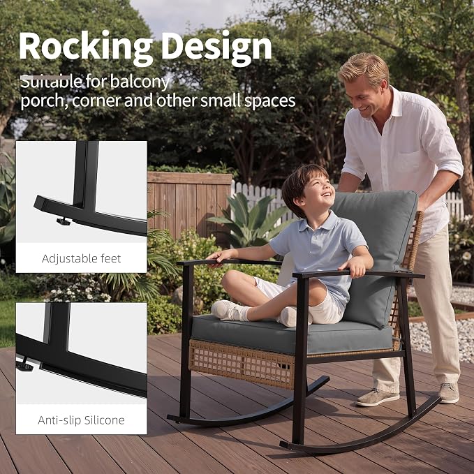 Deersky 4 Piece Outdoor Patio Furniture Set, Outdoor Rocking Chairs and Table, All-Weather Modern PE Wicker Rattan Patio Conversation Set for Porch Sunroom Deck and Yard, Dark Grey