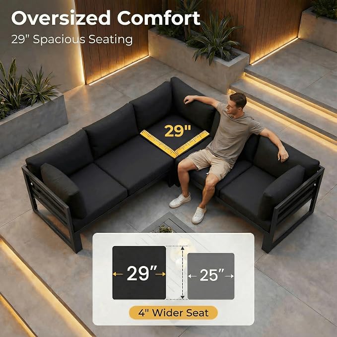 NICESOUL 7 Pcs Aluminum Black Outdoor Sectional with Firepit, All Weather Patio Furniture Set with Deep Seat, Contemporary L-Shaped Modular Large Conversation Set for Garden Poolside, Seats 6, Black