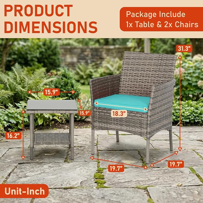 3 Pieces Patio Furniture Outdoor Bistro Set Outdoor&Indoor Conversation Set Coffee Table Chairs Set for 2 with Water-Resistant Cushions for Lawn Yard Garden Porch Balcony and Pool,Grey and Blue