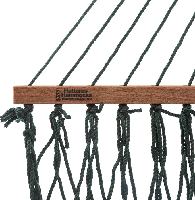 Hatteras Hammocks Deluxe Green DuraCord Rope Hammock – 13 ft. x 60 in., 2-Person, 450 lb Capacity, Cumaru Spreader Bar, Zinc-Plated Hardware – Handcrafted in The USA