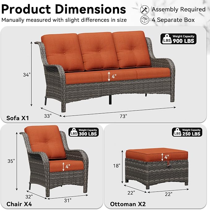 7 Piece Outdoor Wicker Patio Furniture Set, Patio Chairs Set with Thickened Olefin Cushions, High Back and Deep Seating, Hand-Woven PE Rattan, Ottoman for Porch, Deck
