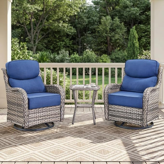 Luxury Swivel Rocker Chairs Set with 6" Thick Cushion 3 piece Wicker Outdoor Swivel Rocker Patio Chair with Side Table High Back Comfortable Outdoor Patio Furniture Set - Gery | Blue