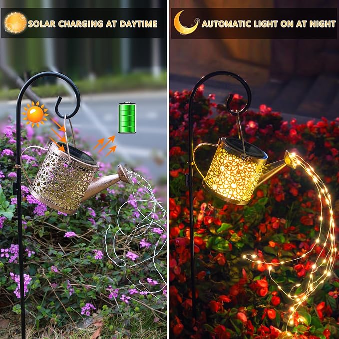 Solar Lights Outdoor Decorative, 2 Pack Metal Watering Can Lights Waterproof, Small Hanging Garden Decor Yard Outside Patio Lawn, Gifts for Mom Grandma Women Birthday(Warm White)