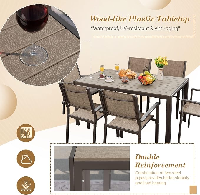 Flamaker Patio Dining Set 7 Piece Metal Frame Outdoor Furniture with 6 Textilene Chairs and Rectangular Table Family Kitchen Conversation Set for Backyard, Lawn (Brown)