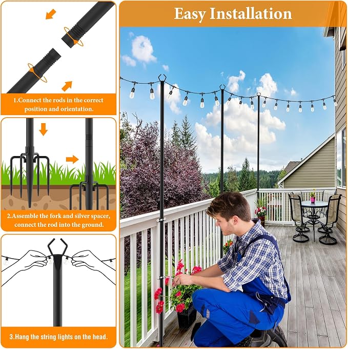 Mutovlin 2 Pack String Light Poles,10 Ft Light Poles for Outside String Lights,Outdoor Lights Pole with Fork,Metal Poles Stand for Patio Deck Backyard (10FT 2 Pack)
