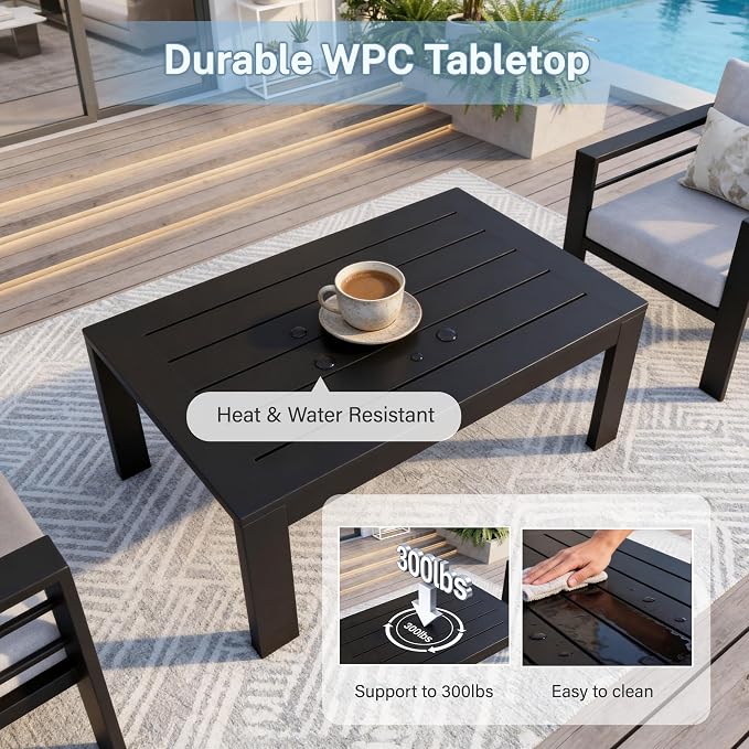 Aluminum Patio Furniture Set, 3 PCS Metal Oversized Outdoor Furniture Set Washable Thick Cushions, 4 Seat Patio Conversation Set with 3.54” Wide armrest and Coffee Table for Patio, Garden