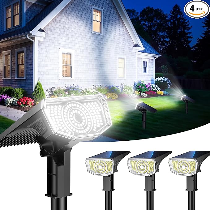 Solar Spot Lights Outdoor Waterproof IP65, 100 LED Solar Lights Outdoor | Super Bright Solar Spotlights 6500K&2 Lighting Modes , 2-in-1 Ground Spike & Wall Mount Solar Landscape Spotlights for Yard