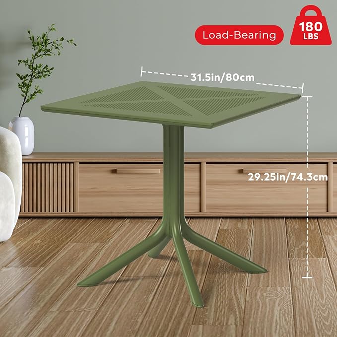 Costaelm Patio Dining Table for 4, Square PP Patio Table, 4-Person Weather Resistant Porch Tables for Outside Poolside Deck Lawn Garden Backyard, Olive Green