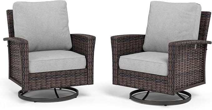 MIXPATIO Swivel Patio Wicker Chairs Set of 2, High Back Outdoor Swivel Patio Rattan Chairs with 5.5" Thick Cushions for Bistro Balcony Porch Deck and Yard, Light Grey