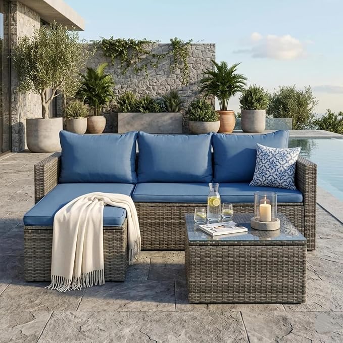 JAMFLY 3-Piece Outdoor Sectional Sofa Set with Glass Coffee Table, All-Weather PE Wicker Patio Furniture with Thick Cushions, Modular Conversation Set for Small Balcony, Deck & Porch, Blue