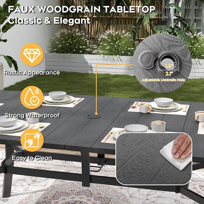 63”x37.8” Metal Outdoor Dining Table for 6,Rectangular Patio Dining Table with Adjustable Umbrella Hole,All-Weather Brown Outdoor Patio Table for Porch, Garden, Backyard, Poolside, Lawn