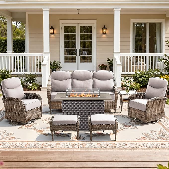 7-Piece Luxury Patio Furniture Set with 6-Inch Thick Cushions, High-Back Outdoor Sofa & Swivel Rocking Chairs with Wicker 42" Fire Pit, All-Weather Conversation Set for Porch, Deck, Yard – Beige