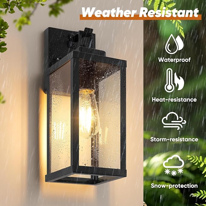 BesLowe 2-Pack 14” Upgraded Motion Sensor Outdoor Wall Lights, Black | Auto ON/OFF, 3 Lighting Modes, Waterproof, Rust-Resistant, Durable Metal & Clear Glass, Standard E26 Sockets, Easy to Install