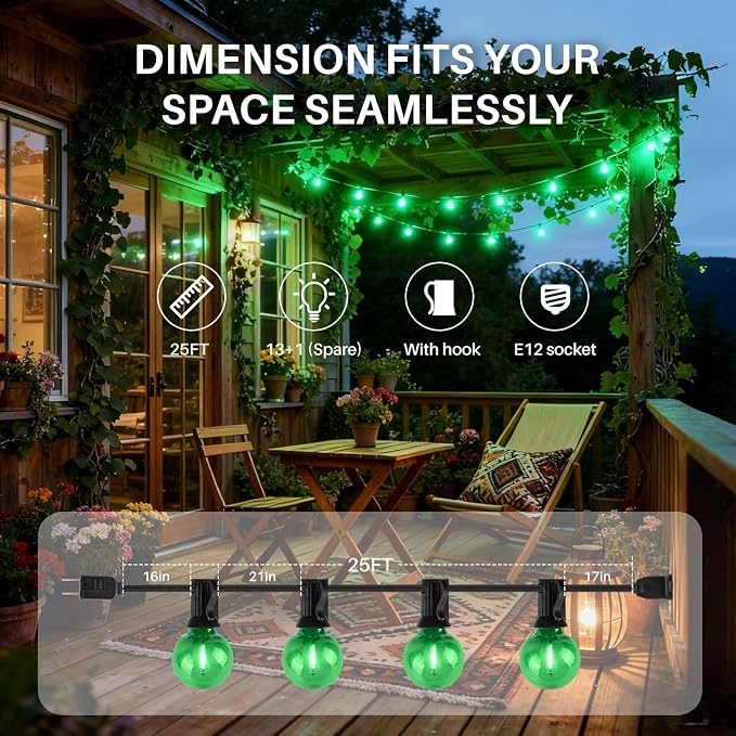 25 FT Green Outdoor String Lights,13 Plastic Edison Bulbs, E12 Base | G40 globe shatterproof bulbs, IP65 waterproof, dimmable LED, for backyard porch balcony party decor
