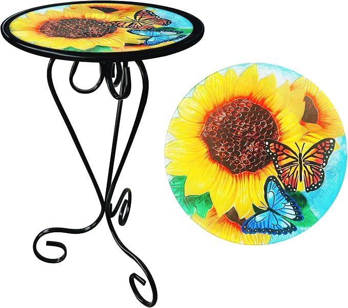 Sunflower Butterfly Side Table with Glass Top & Metal Base Furniture Decor | Manortang; 12 Inch; Side Table; Glass Top & Metal Base; Living Room Decor; handicrafts; Indoor & Outdoor; Great gift choice