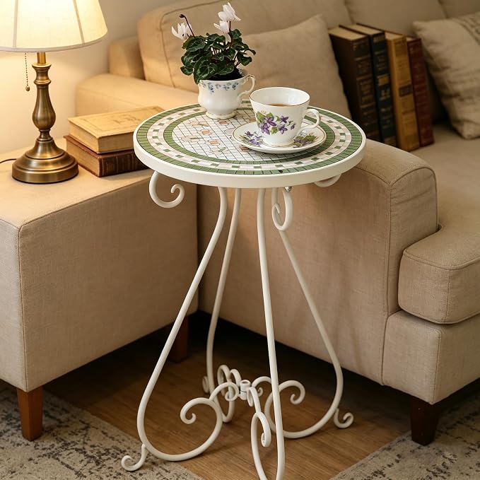 Outdoor Side Table & Mosaic Ceramic Plant Stand, 14" Metal Round End Table for Garden Home Patio Yard Porch Patio Decor Weather Resistant Outside Accent End Furniture (Flower#4)