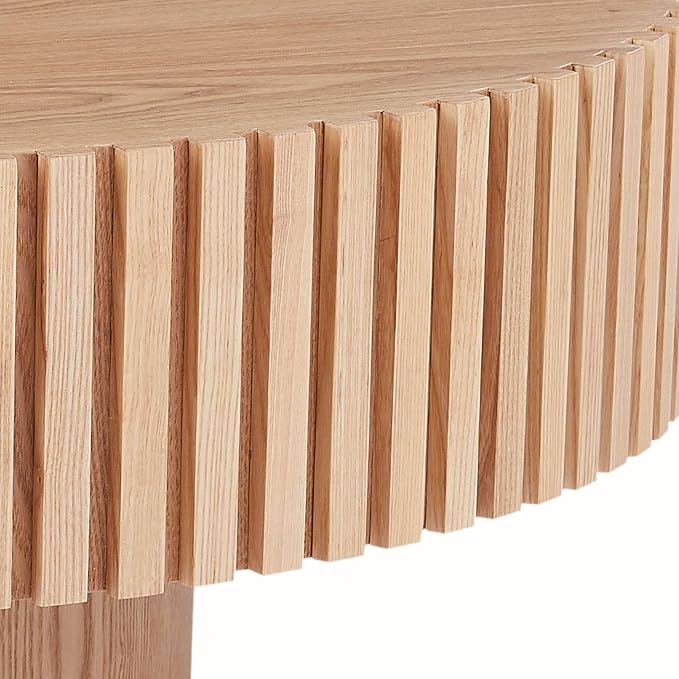 Round Coffee Table, Natural Wood, Modern Style, Slatted Base Design, Living Room Table (Ash, 31.49)