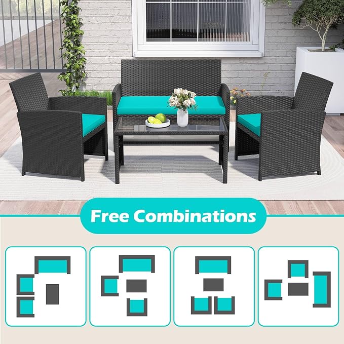 RELAX4LIFE 8-Piece Patio Furniture Set - Wicker Rattan Outdoor Sectional Sofa Set w/Glass Coffee Table, Loveseat, Chairs & Soft Cushions, Bistro Conversation for Garden Porch (2, Black-Turquoise)