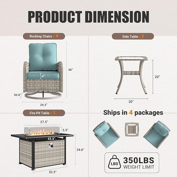 7Pcs Patio Rocking Swivel Chair with 55,000 BTU Fire Pit Table Outdoor Wicker Rattan Bistro Set with Tempered Glass Side Table, Outdoor Patio Furniture Set for Garden and Balcony, Light Blue