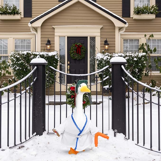 JcHrmers Cousin Porch Goose Outfits Christmas Lawn Porch Goose Clothes Robe Hat Water Pipe Fits 23" Cement Plastic Goose Statue for Halloween Christmas Outdoor Garden Yard Patio Statue Art Decor