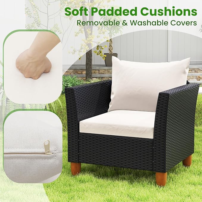 ORALNER 4 Pieces Patio Furniture Set, Outdoor Wicker Conversation Chairs, Loveseat w/Cushion, Acacia Lift-Top Coffee Table, Rattan Set for Balcony Garden Backyard Front Porch Poolside Deck (White)