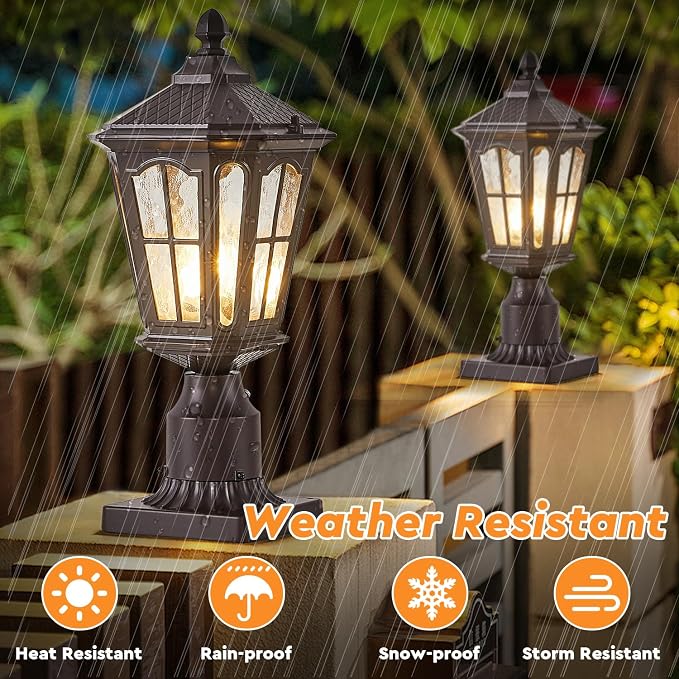 Dusk to Dawn Outdoor Post Lights with Pier Mount Base, Aluminum Exterior Pillar Light Fixture with Water Ripple Glass, Oil Rubbed Bronze Pole Light for Garden, Patio, Pathway