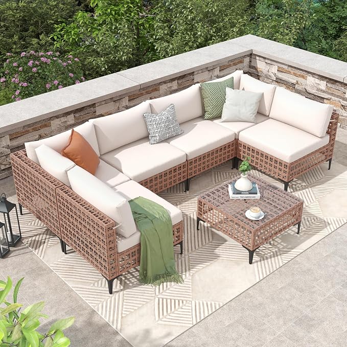 Patiorama 7 Piece Wicker Patio Furniture Set, Natural-Colored PE Rattan Outdoor Conversation Set Sectional Sofa with Water Resistant Cushion and Glass Table, Outdoor Couch, Porch, Backyard-White