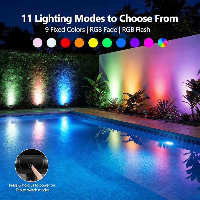 Brizled Solar Spot Light Outdoor Landscape Lighting RGB Color Spotlight | 360° Rotation Head; 9 Color & 11 Mode; IP65 Waterproof; Adjustable Height; Stake or Wall Mounted for Yard Tree Garden Pathway