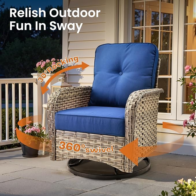 ovios 8 Piece Patio Sectional Furniture with Swivel Rocking Chairs, Rattan Wicker Coversation Couch Set, Outdoor Sofa Set for Outside Porch Balcony Backyard Pool, Navy Blue