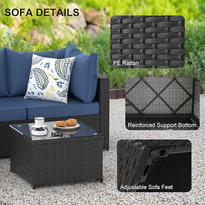 Patio Furniture Set w/ Fire Pit Table, 6PCS Outdoor Conversation Sets Waterproof Rattan Sectional Sofa with 4” Thickened Cushion Modular Wicker Patio Furniture Set with Glass Top Table (Navy Blue)