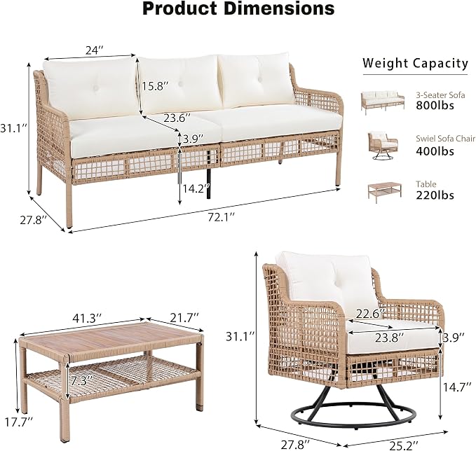 JIVOIT 4 Pieces Patio Furniture Set, Rattan Outdoor Conversation Set with 1 3-Seater Sofa, 2 360°Swivel Rocking Chair and 1 Solid Wood Tabletop Coffee Table for Poolside Backyard Deck (Beige/264)