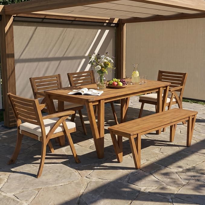 Christopher Knight Home Hermosa Acacia Wood Patio Dining Set with Bench, Solid Wood Outdoor Dining Table Set for 6, Outdoor Dining Set with Water-Resistant Cushion, Teak+Cream