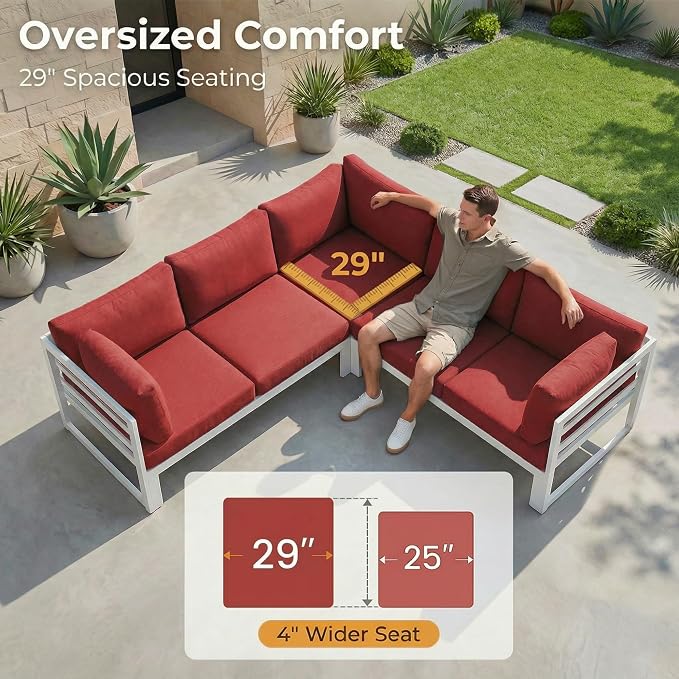 RADIATA 7 Pcs Modern Aluminum Outdoor Patio Furniture Set with Fire Pit Table Propane/Gas, Extra Large All-Weather Modular Sectional Couch, 29 inch Wide Deep Seating Conversation Sofa for Outside, Red