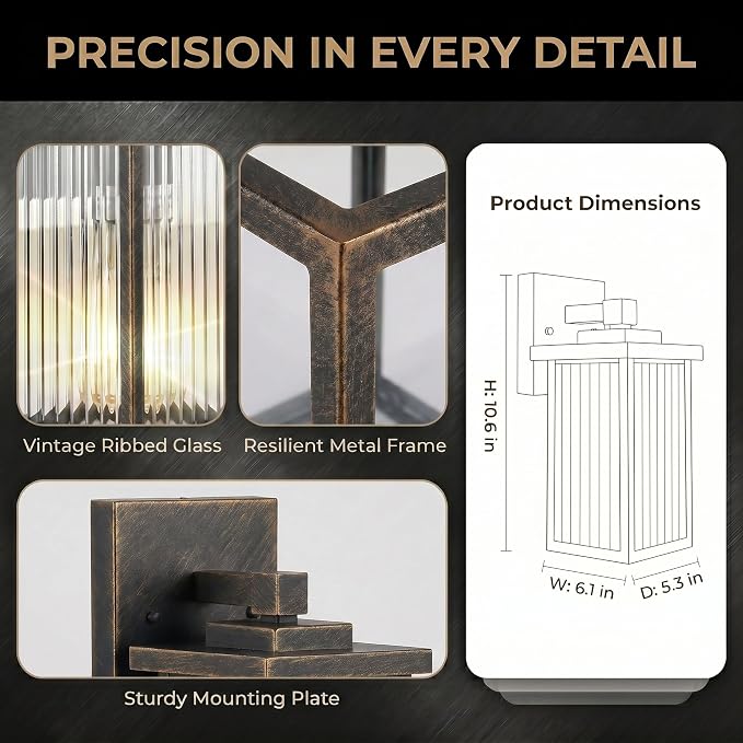 Black Brush Gold Porch Light, Waterproof Outdoor Wall Light | Corrosion-Resistant Metal, Waterproof, Textured Glass Cuts Glare, Easy DIY Install on Porch, Garage