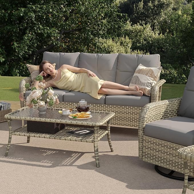 LazySunsets 7 Piece Outdoor Patio Furniture Set with Coffee Table, Wicker Rattan Outdoor Furniture with High Back Swivel Rocker Chairs, Outdoor Conversation Sets with Thick Cushions, Grey