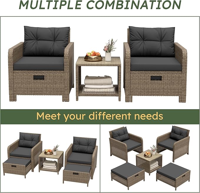 LHBcraft 5 Pieces Patio Set, PE Rattan Patio Conversation Set with Soft Cushions & Coffee Table, Outdoor Chairs with Hidden Ottoman for Porch, Lawn, Garden, Balcony, Black
