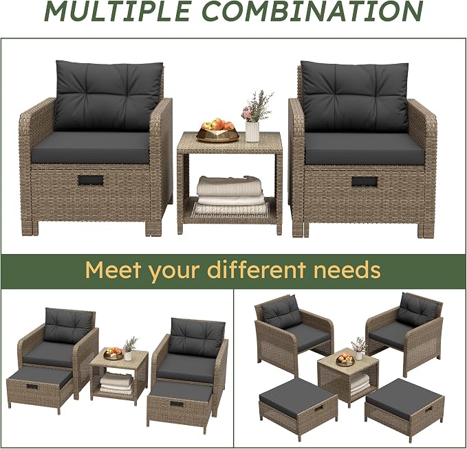 Balcony Furniture 5 Pieces Patio Set, Hand-Woven Rattan Patio Conversation Set with Soft Cushions & Coffee Table, Outdoor Chairs with Hidden Ottoman for Porch, Lawn, Garden, Balcony, Black