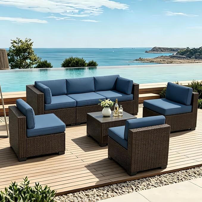 SHGJ&SOFT 7 Piece Outdoor Patio Furniture Set, All-Weather Rattan Wicker Modular Sectional Sofa Conversation Set with Water-Resistant Cushions & Tempered Glass Table for Backyard Poolside (Blue, 7pcs)