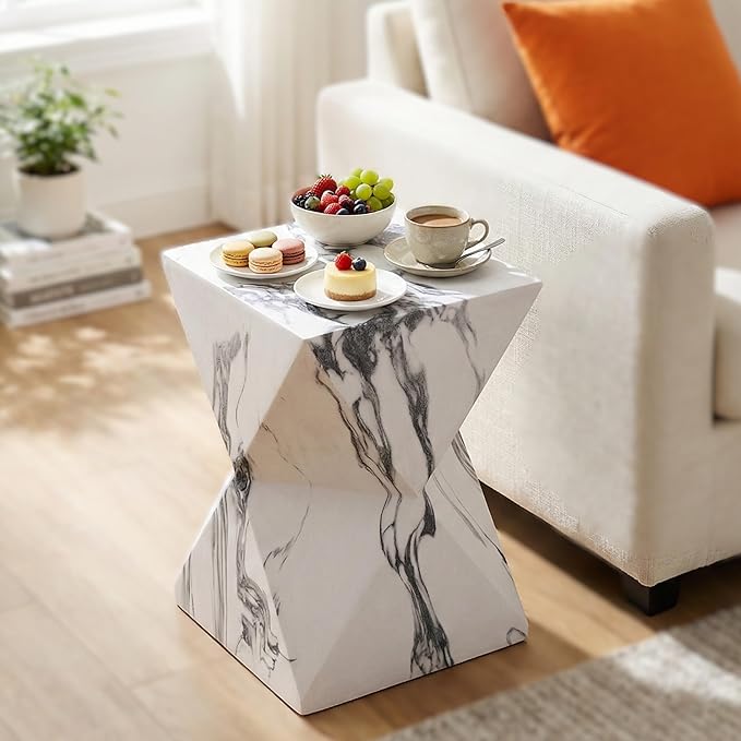 Merax 18.5" H Modern Geometric MGO Side Table, Hourglass Accent Table with Faux Marble Finish - Weather Resistant End Table for Indoor and Outdoor Use, Living Room, Bedroom & Patio, Faux Marble