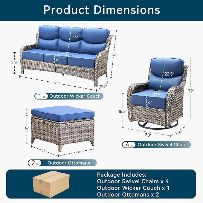 Luxury 7 Pieces Outdoor Patio Furniture Set-All Weather Wicker Outdoor Furniture with Swivel Rocker Patio Chairs 6-inch Extra Thick Cushions Wicker Conversation Set for Garden Porch(Grey/Blue)