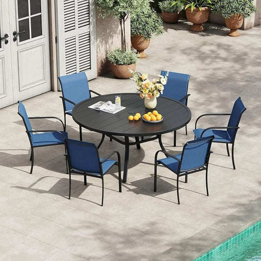 VICLLAX 7 Pieces Patio Outdoor Dining Set, 47.2" Round Metal Table with Umbrella Hole and 6 Stackable Textilene Chairs for Patio, Lawn, Garden, Porch, Black/Dark Blue