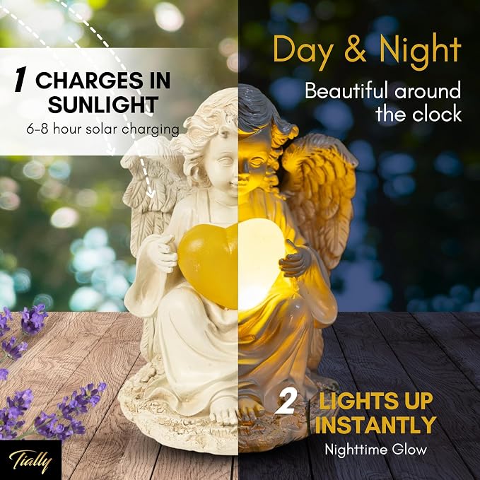 Solar Angel Garden Statue with Heart, 8" Guardian Memorial Outdoor Light | Glowing Lighted Heart, Bright Every Night, Weatherproof Resin Built to Last - a Sympathy Garden Gift for Women, Mom and Dad