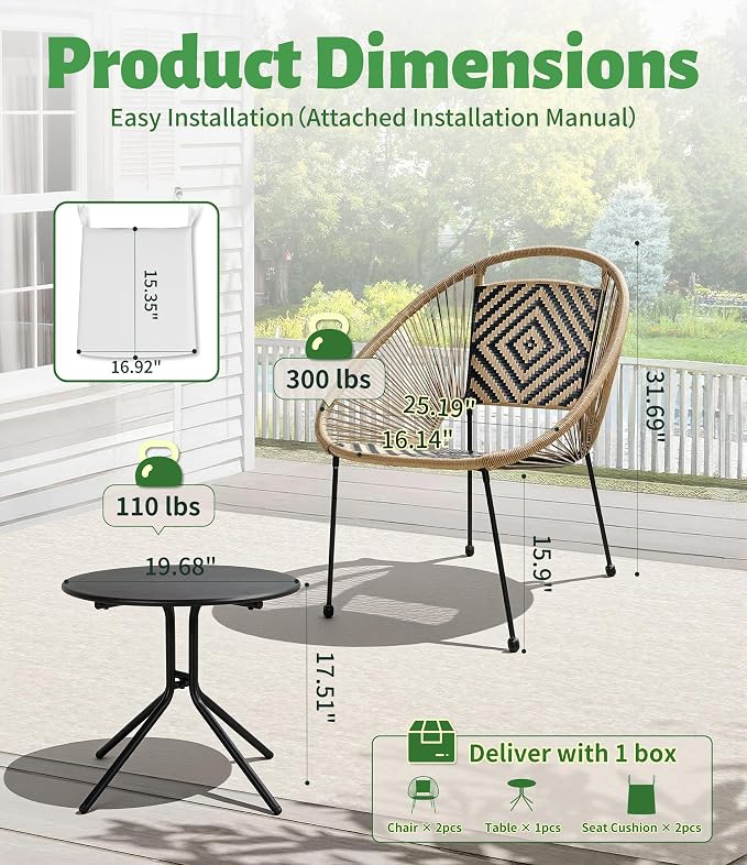 3-Piece Outdoor Patio Bistro Set, Wicker Chairs with Cushions, PE Rattan All-Weather Conversation Set with Coffee Table for Balcony, Porch, Backyard, Poolside, Garden, Deck, Black
