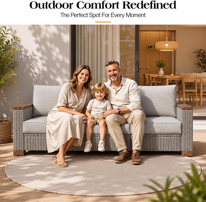 PaPaJet Outdoor Patio Sofa, 3 Seat Wicker Couch with Solid Armrests & Legs, 4.7" Thickened Removable Cushions, UV-Resistant Modular Sofa for Porch, Backyard, Garden