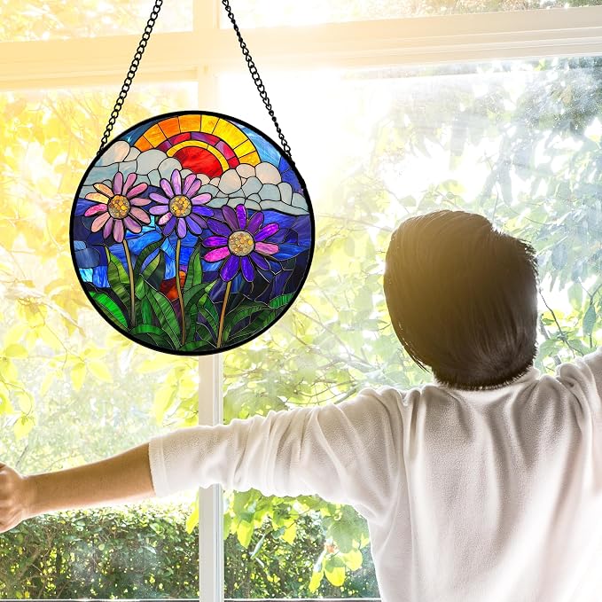 DASTOLL Stained Glass Window Hanging, Butterfly and Sunflowers Sun Catchers Glass Panel Plant Insects Suncatcher Decor for Birthday for Women, Men, Wife, Aunt, and Mom 6.3 in