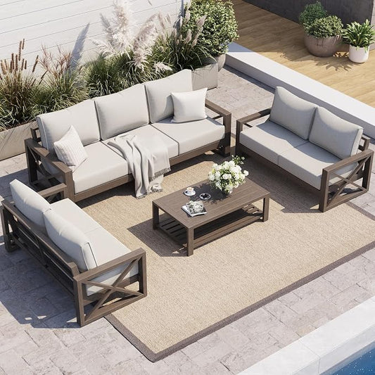 UDPATIO Aluminum Patio Furniture Set, Faux Wood Grain Modern Outdoor Furniture, 6" Cushions Metal Patio Conversation Sofa with Coffee Table for Poolside Porch, 8 PCS, Beige(Include 600D Covers)